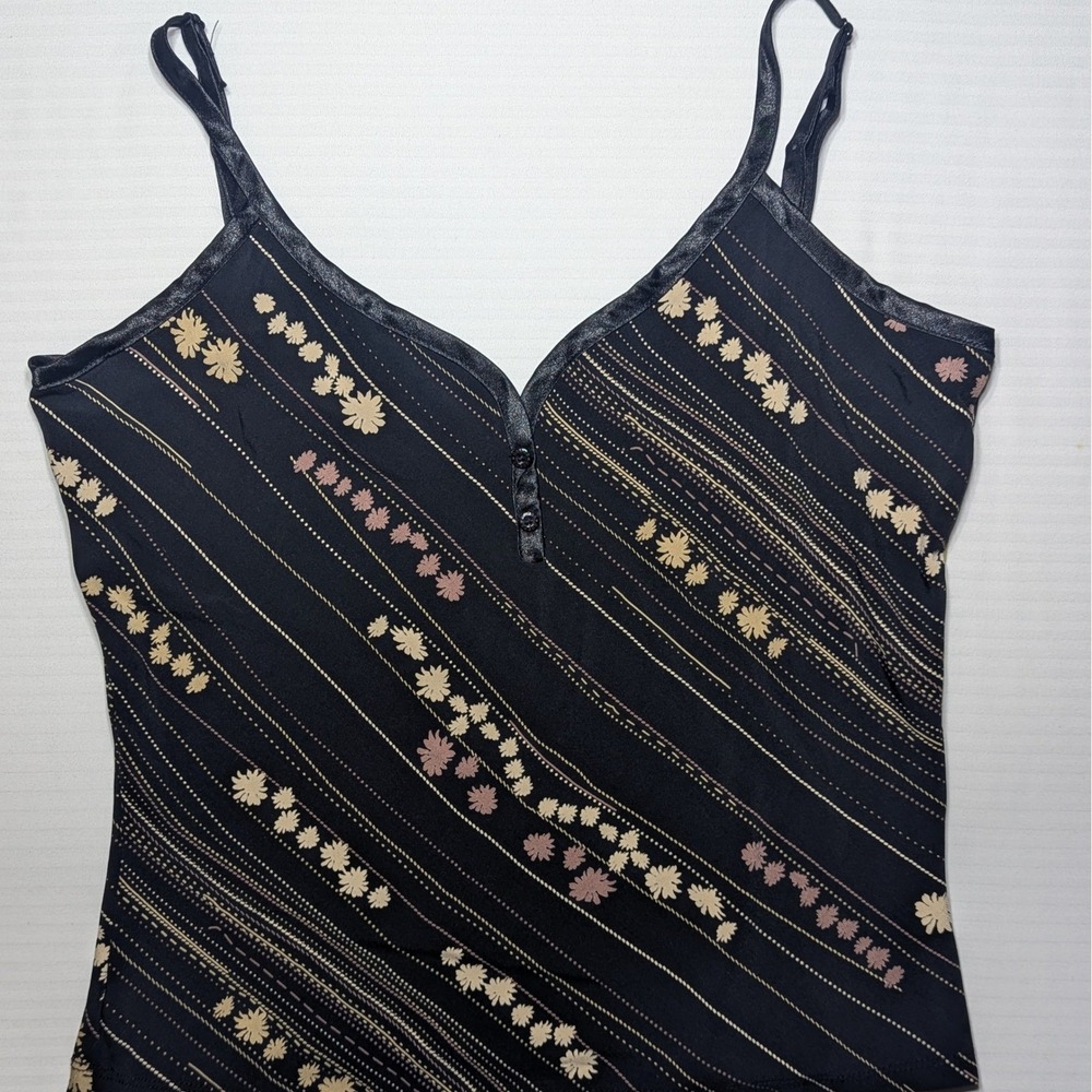 Vintage Guess Jeans Cami Top Womens Medium M Black Floral Stripe Satin Trim Tank